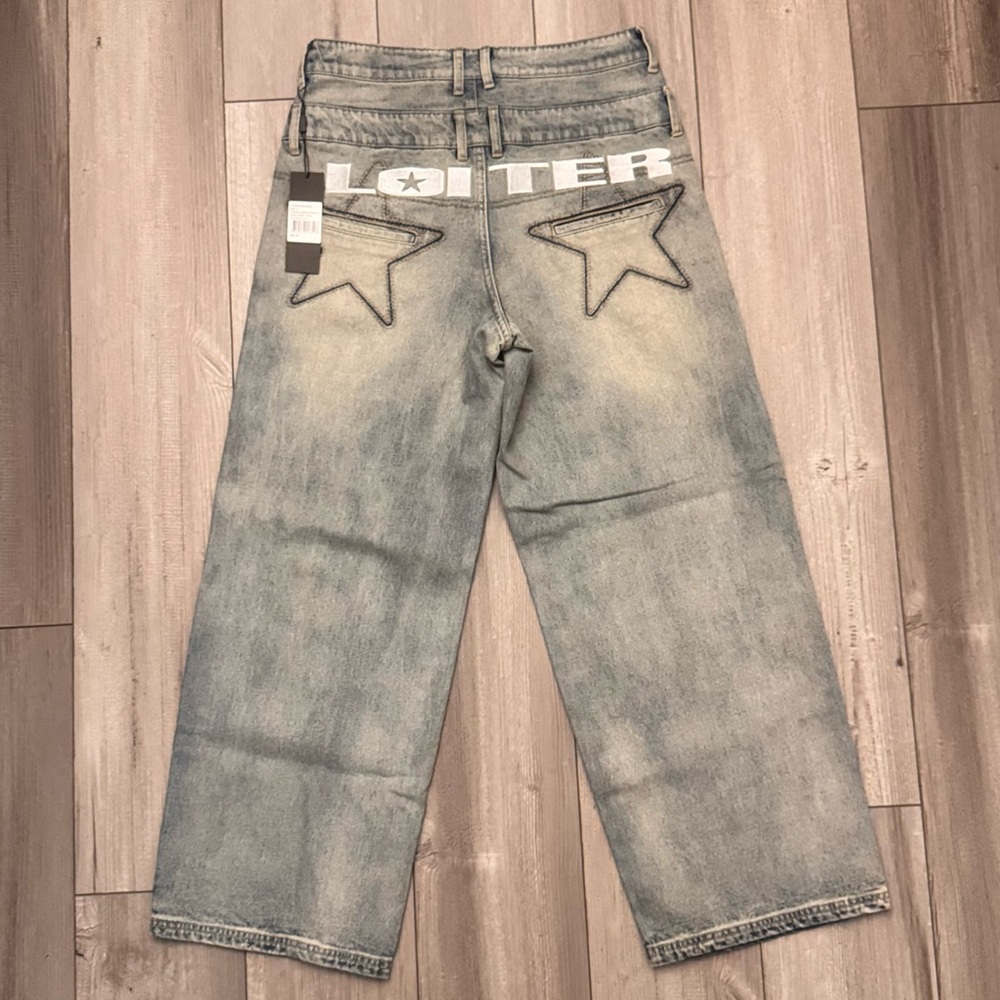 Loiter Y2K Baggy Jeans 32 Embroidered Star Washed Blue Double Layer Waist NWT